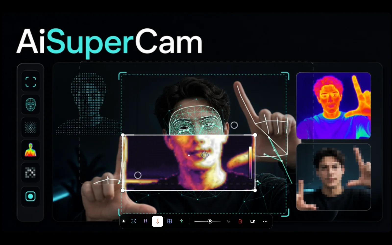 AiSuperCam editor applying a thermal effect to a hand-tracked camera region