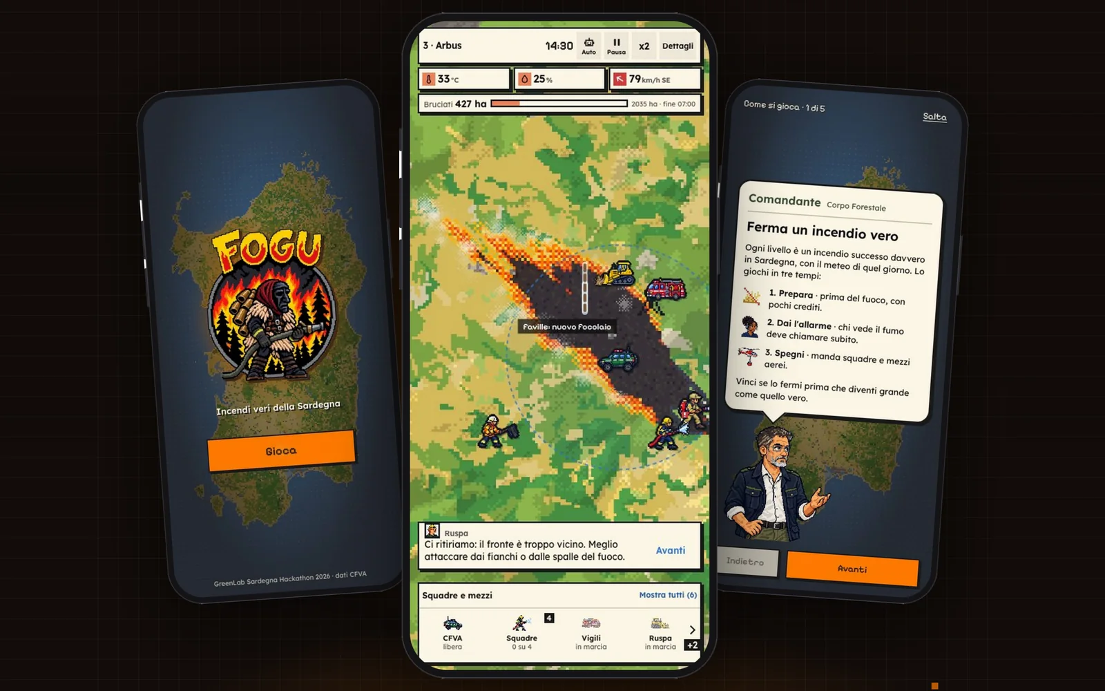 Fogu on three phones: the title screen, the 2017 Arbus fire with crews and a bulldozer at work, and the Forest Corps commander explaining how to play