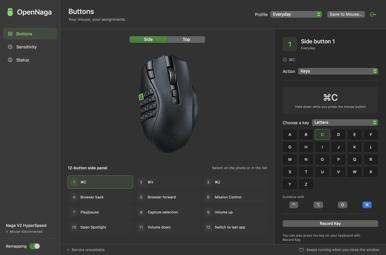 OpenNaga settings window with the mouse's 12 side buttons, their assignments and the action inspector