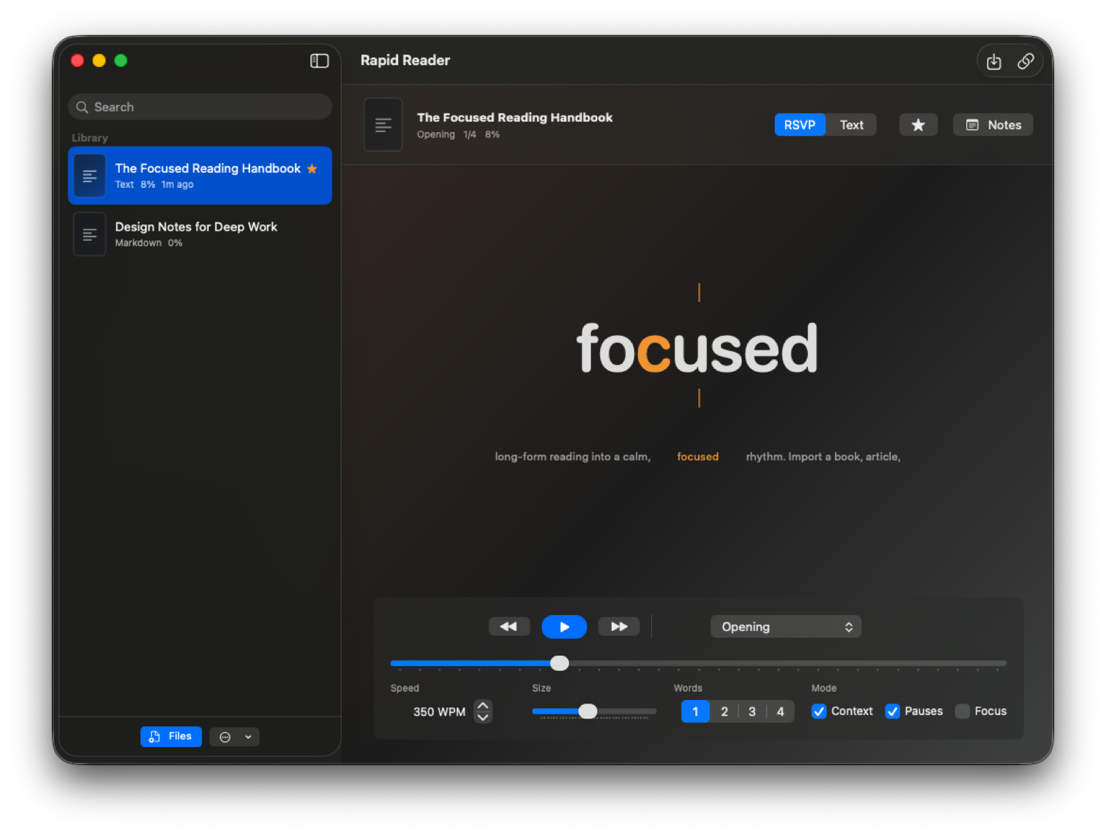 Rapid Reader macOS app in RSVP mode