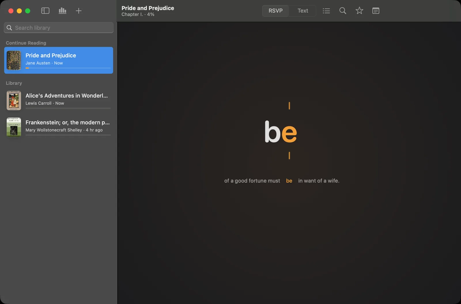 Rapid Reader on macOS showing one word at a time with its focus letter highlighted, next to the document library