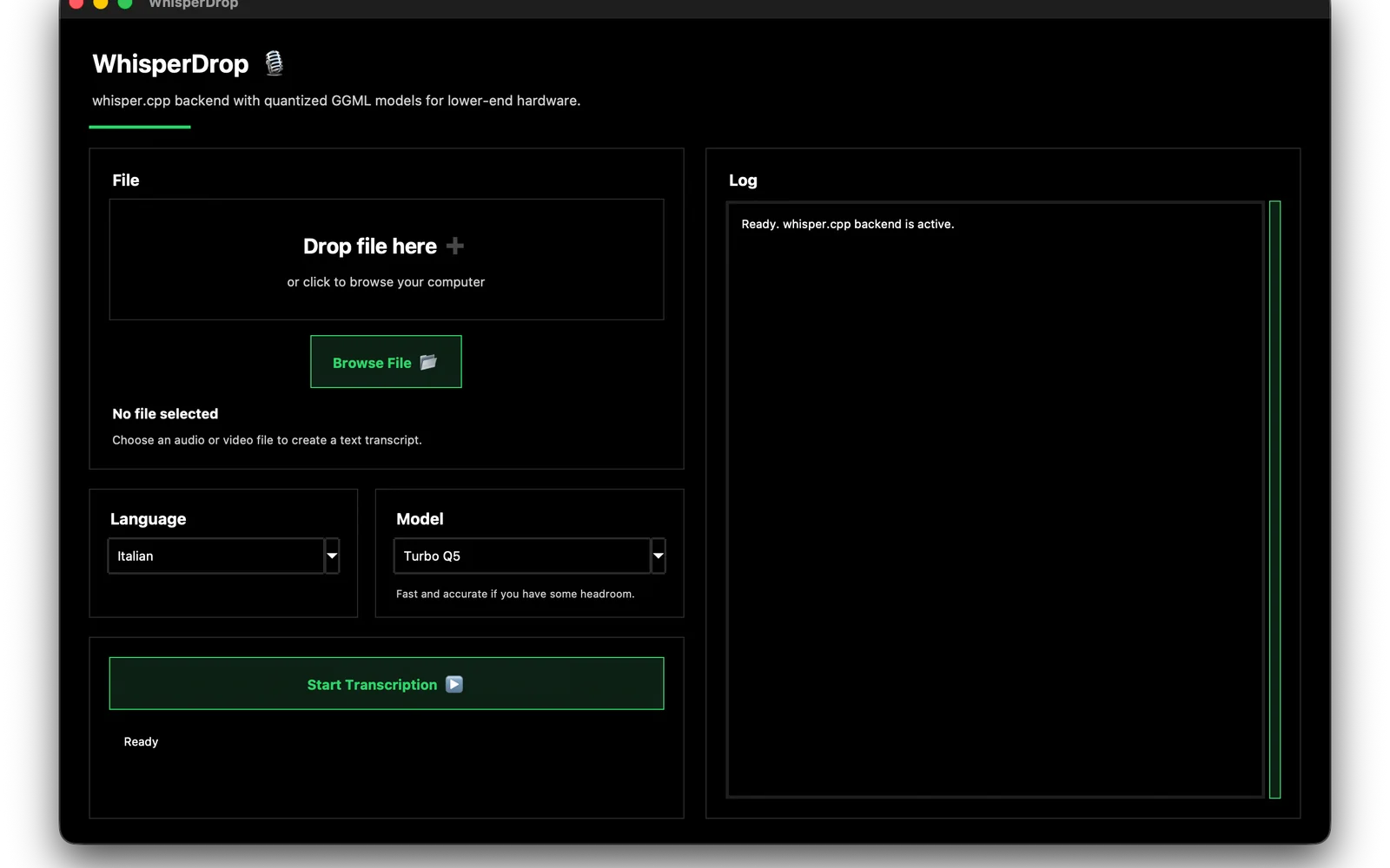 WhisperDrop desktop transcription interface