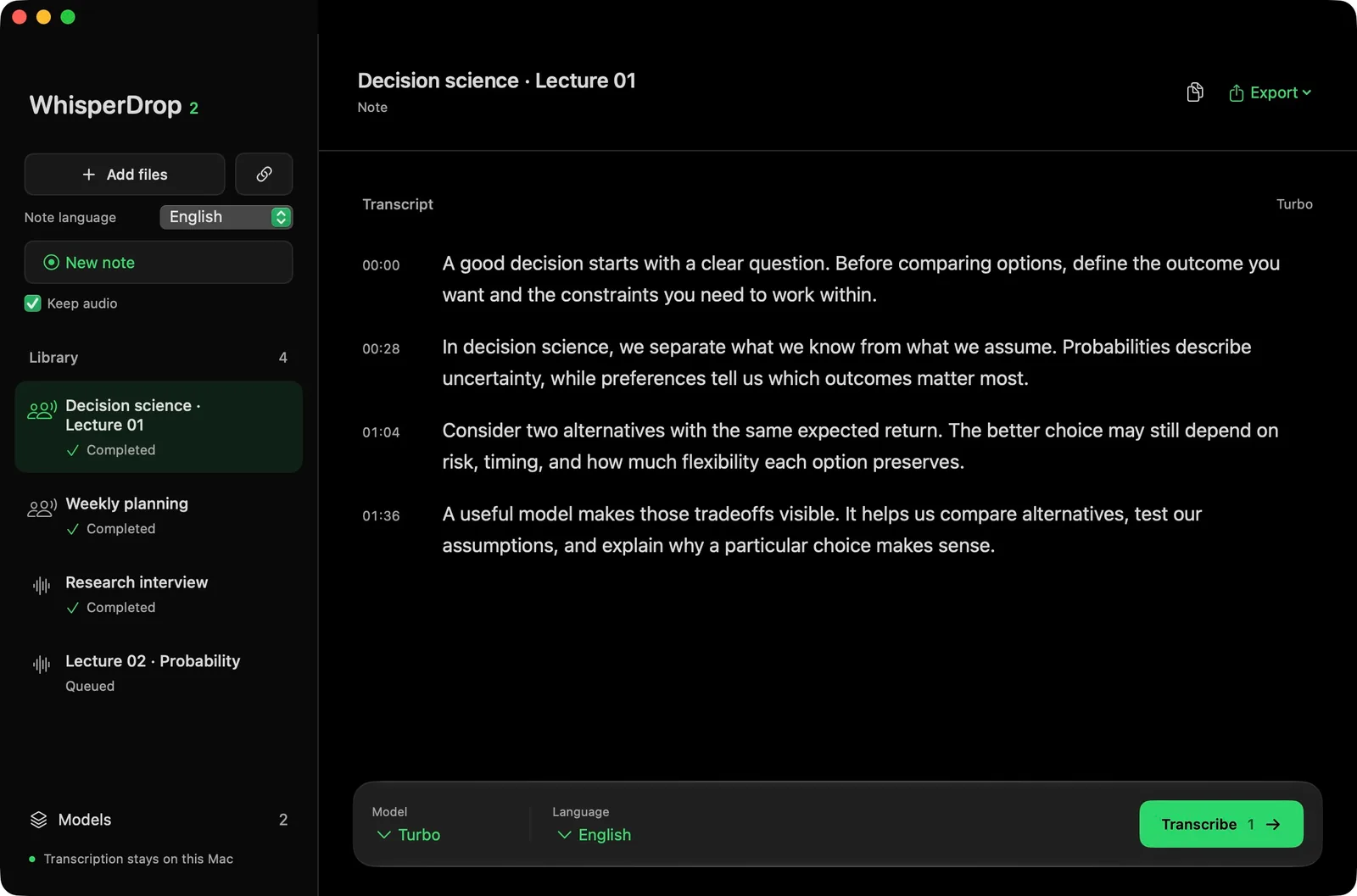 WhisperDrop 2 on macOS showing a timestamped lecture transcript, the saved notes library and recording controls